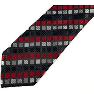 Croft & Barrow Men's Neck tie Silk red black gray squares Handmade 60" by 3.5"